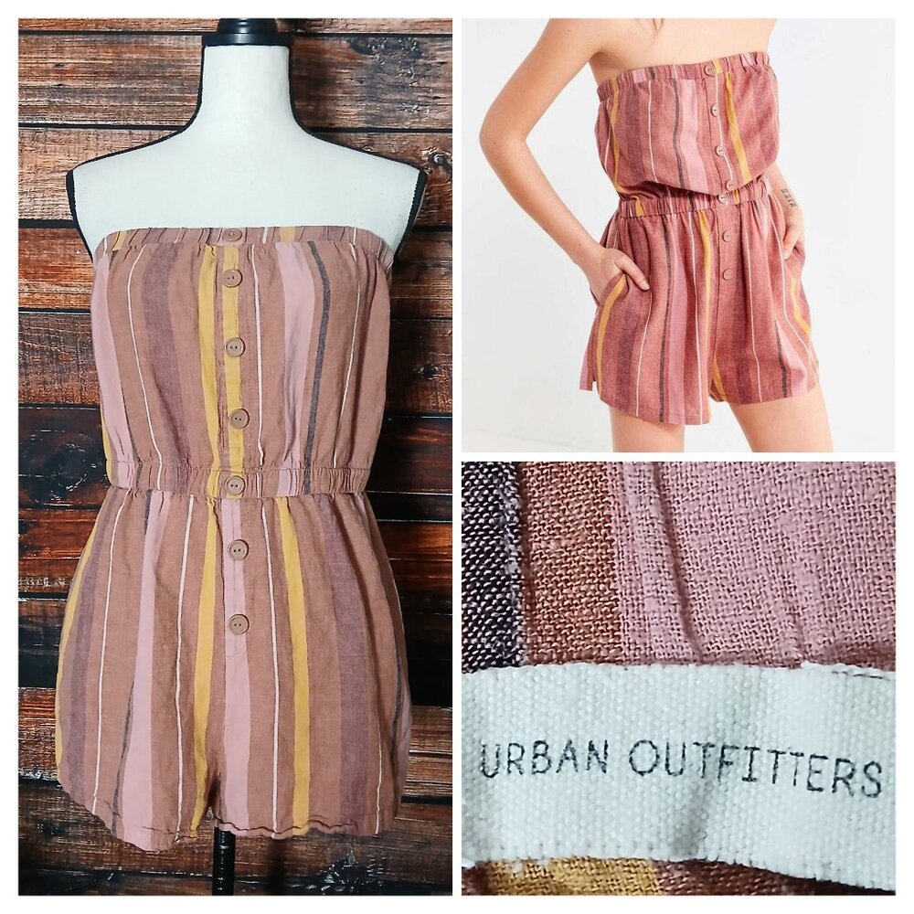 Urban Outfitters Shorts Romper L Linen Blend Strapless Clay Striped Pockets